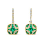 18ct Yellow Gold Natural Emerald & Diamond Shield and Diamond Line Top Drop Earrings