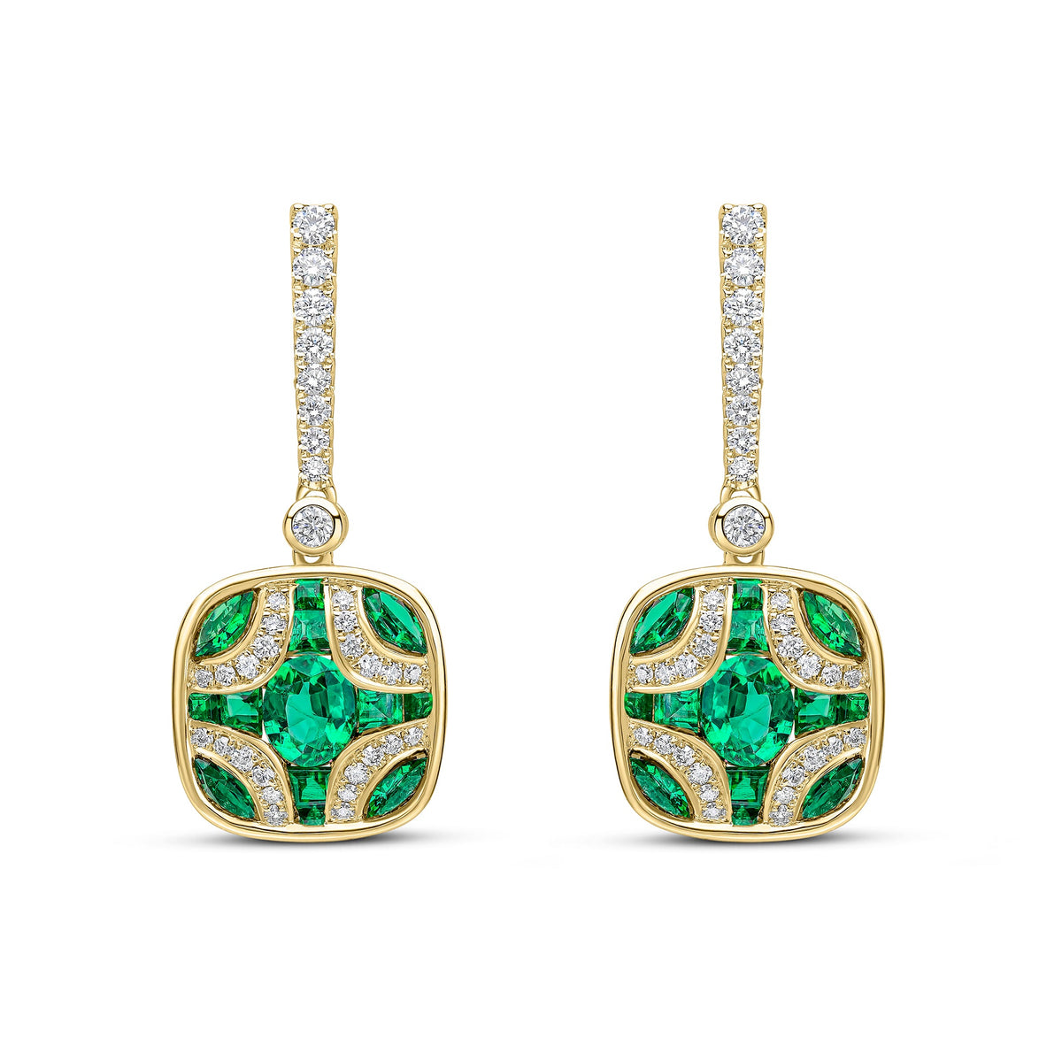 18ct Yellow Gold Natural Emerald & Diamond Shield and Diamond Line Top Drop Earrings