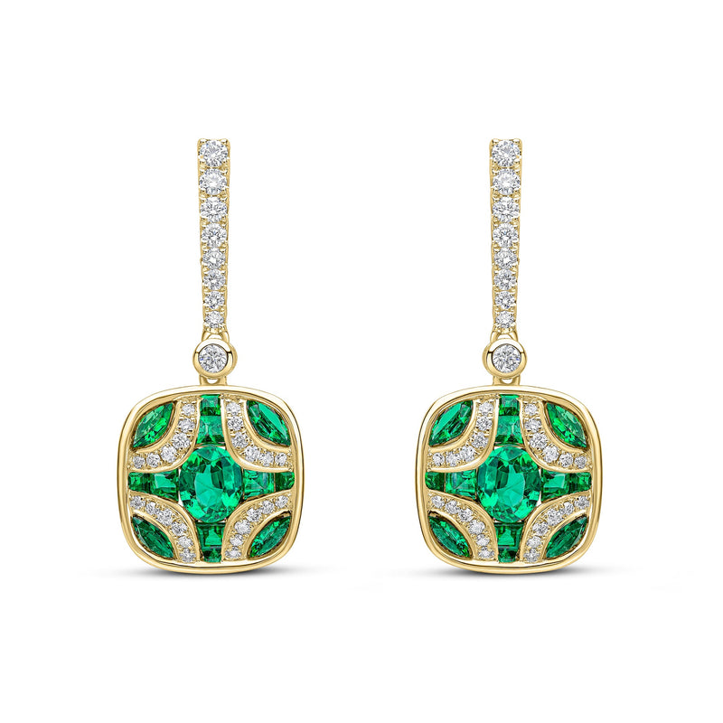 18ct Yellow Gold Natural Emerald & Diamond Shield and Diamond Line Top Drop Earrings