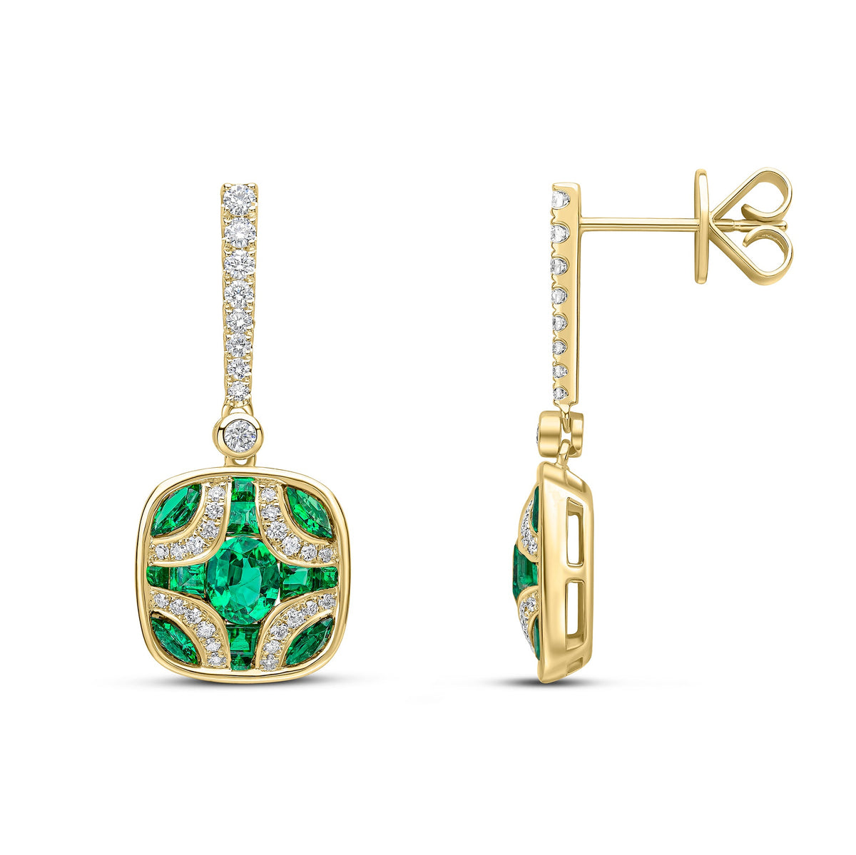 18ct Yellow Gold Natural Emerald & Diamond Shield and Diamond Line Top Drop Earrings