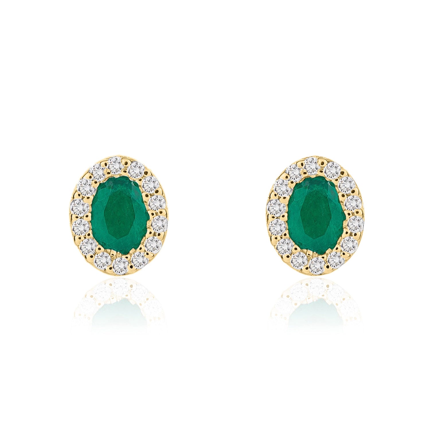 18ct Yellow Gold Oval Natural Emerald and Diamond Cluster Earrings — 4x3mm