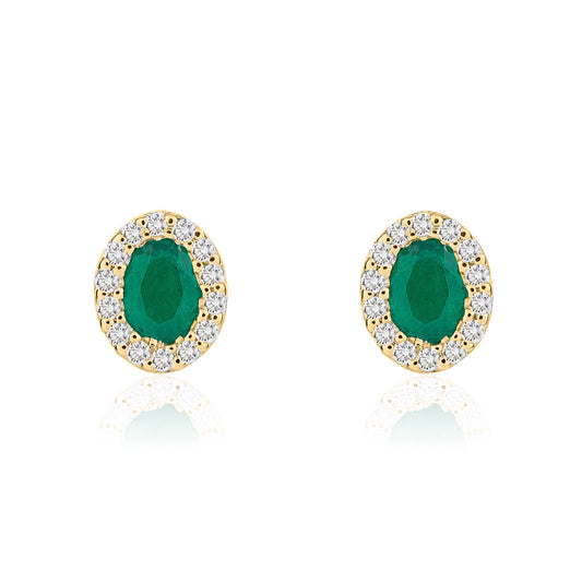 18ct Yellow Gold Oval Natural Emerald and Diamond Cluster Earrings — 4x3mm