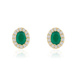 18ct Yellow Gold Oval Natural Emerald & Diamond Microset Cluster Stud Earrings — 4x3mm