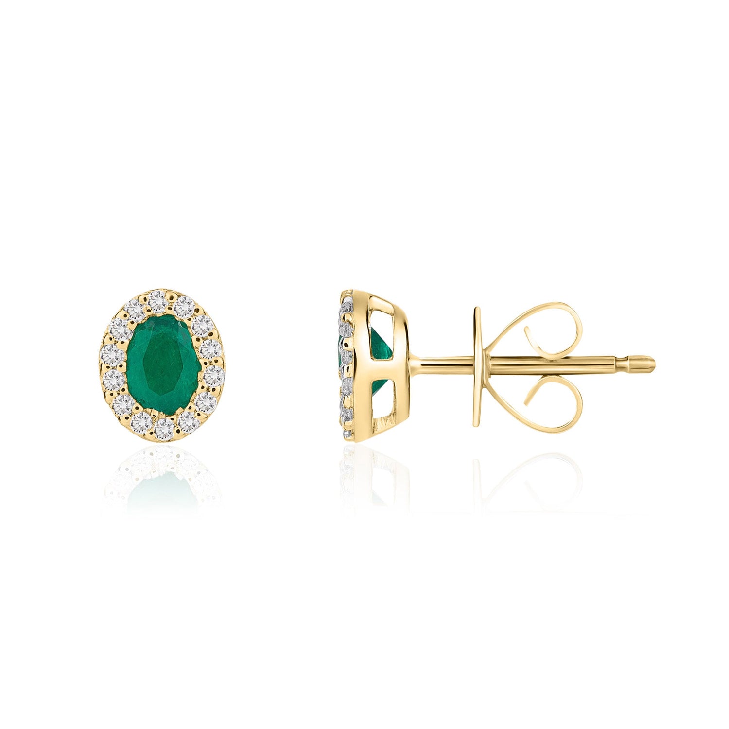 18ct Yellow Gold Oval Natural Emerald and Diamond Cluster Earrings — 4x3mm