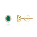 18ct Yellow Gold Oval Natural Emerald & Diamond Microset Cluster Stud Earrings — 4x3mm