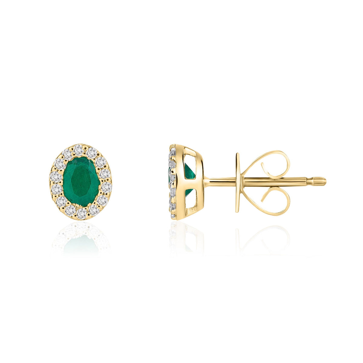 18ct Yellow Gold Oval Natural Emerald & Diamond Microset Cluster Stud Earrings — 4x3mm