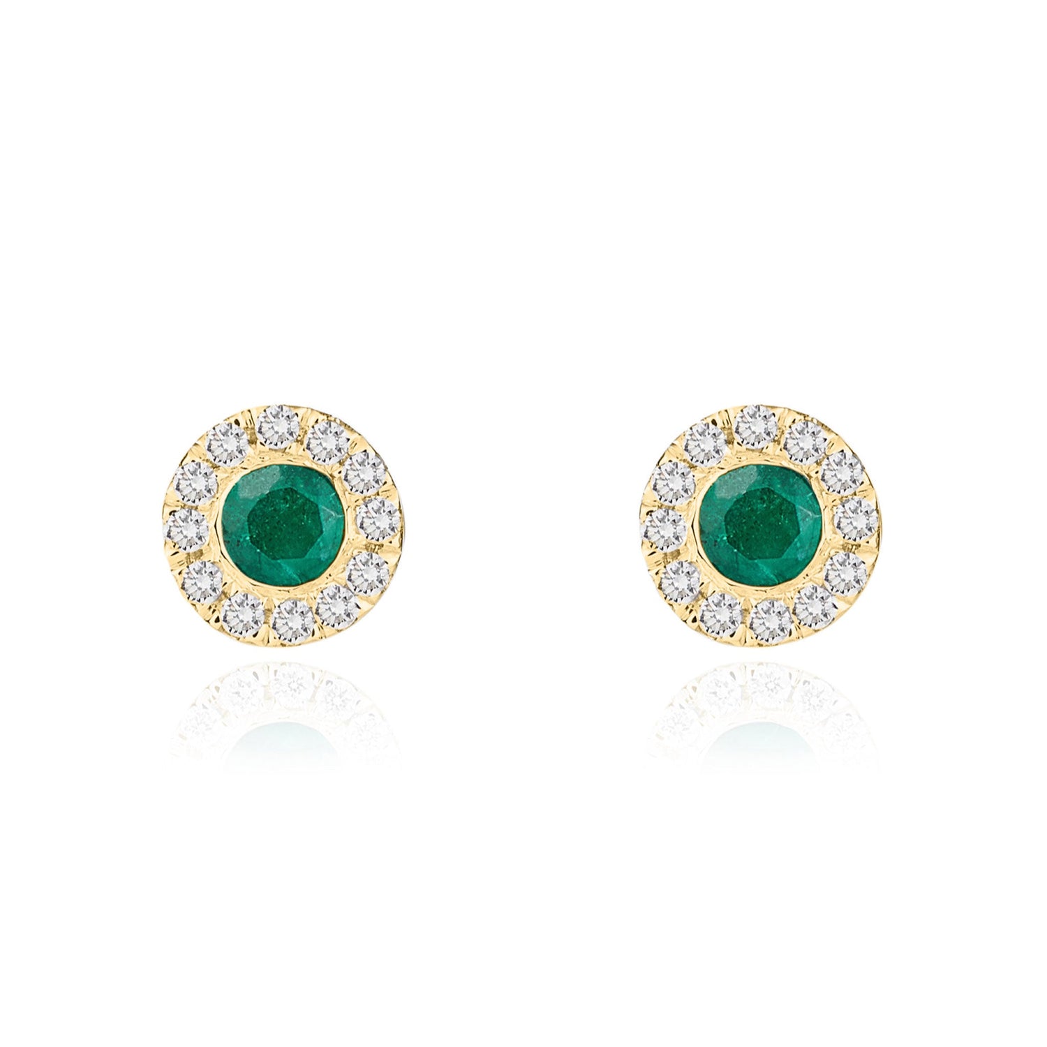 18ct Yellow Gold Round Emerald and Diamond Cluster Earrings — 3mm