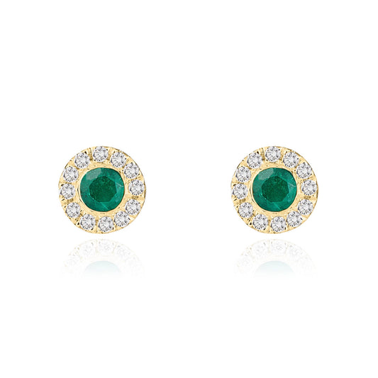18ct Yellow Gold Round Emerald and Diamond Cluster Earrings — 3mm