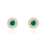 18ct Yellow Gold Round Natural Emerald & Diamond Cluster Stud Earrings — 3mm
