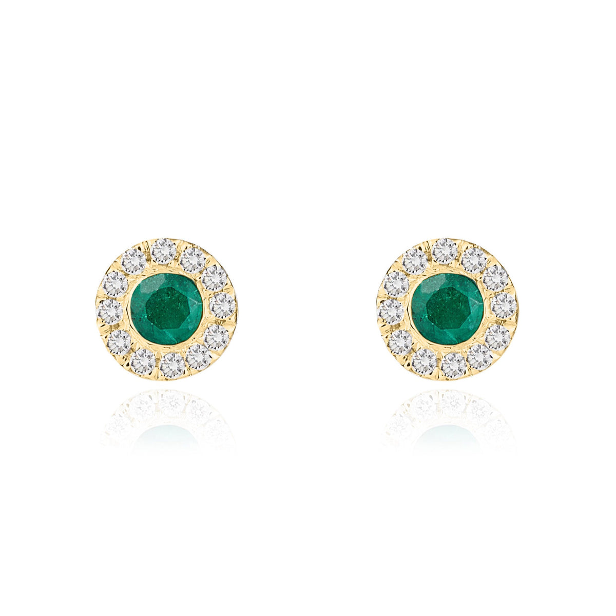18ct Yellow Gold Round Natural Emerald & Diamond Cluster Stud Earrings — 3mm