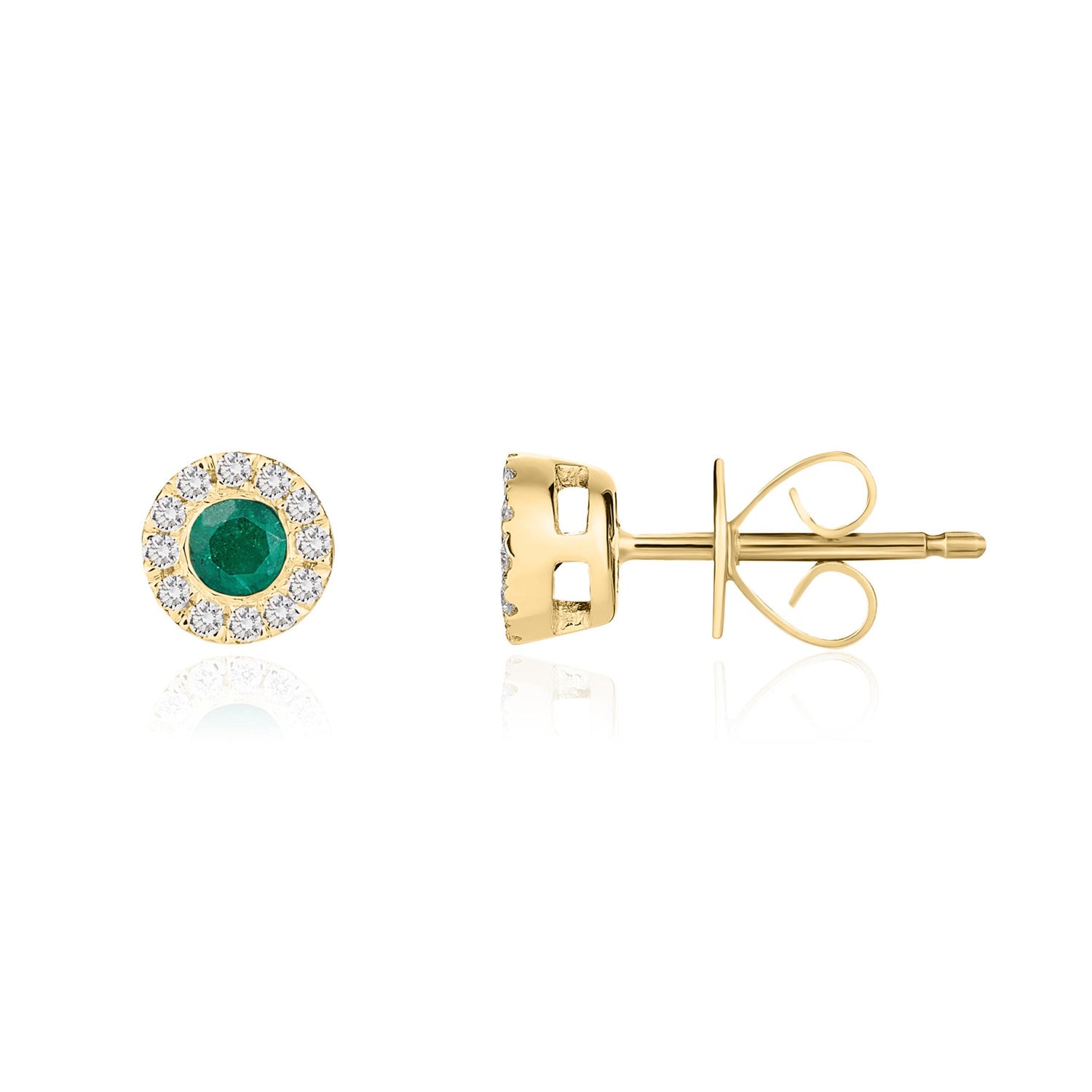 18ct Yellow Gold Round Emerald and Diamond Cluster Earrings — 3mm