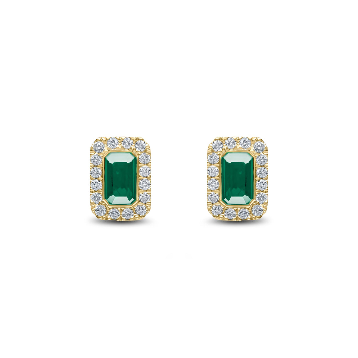 18ct Yellow Gold Octagonal Natural Emerald & Diamond Cluster Stud Earrings — 5x3mm