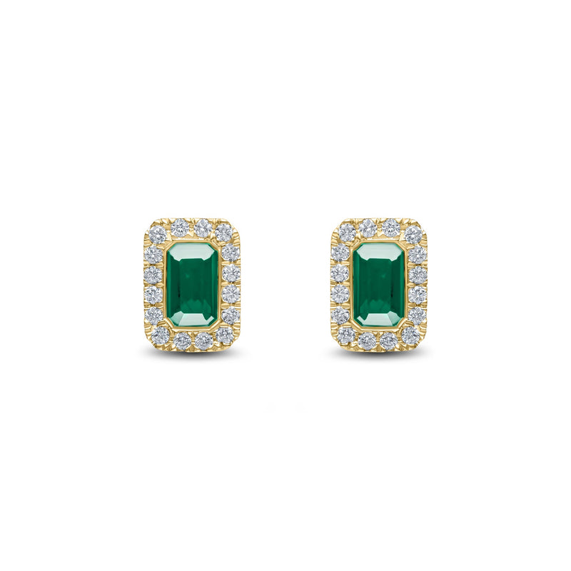 18ct Yellow Gold Octagonal Natural Emerald & Diamond Cluster Stud Earrings — 5x3mm