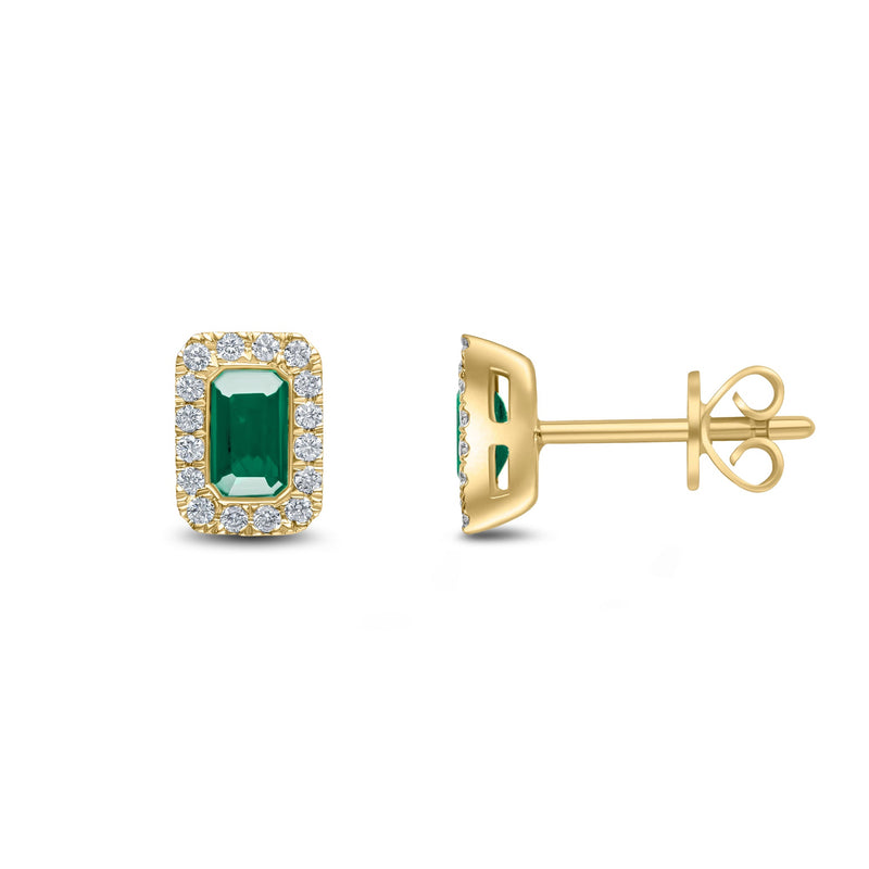 18ct Yellow Gold Octagonal Natural Emerald & Diamond Cluster Stud Earrings — 5x3mm