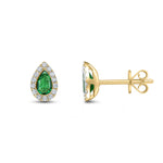 18ct Yellow Gold Pear Shaped Natural Emerald & Diamond Cluster Stud Earrings — 5x3mm