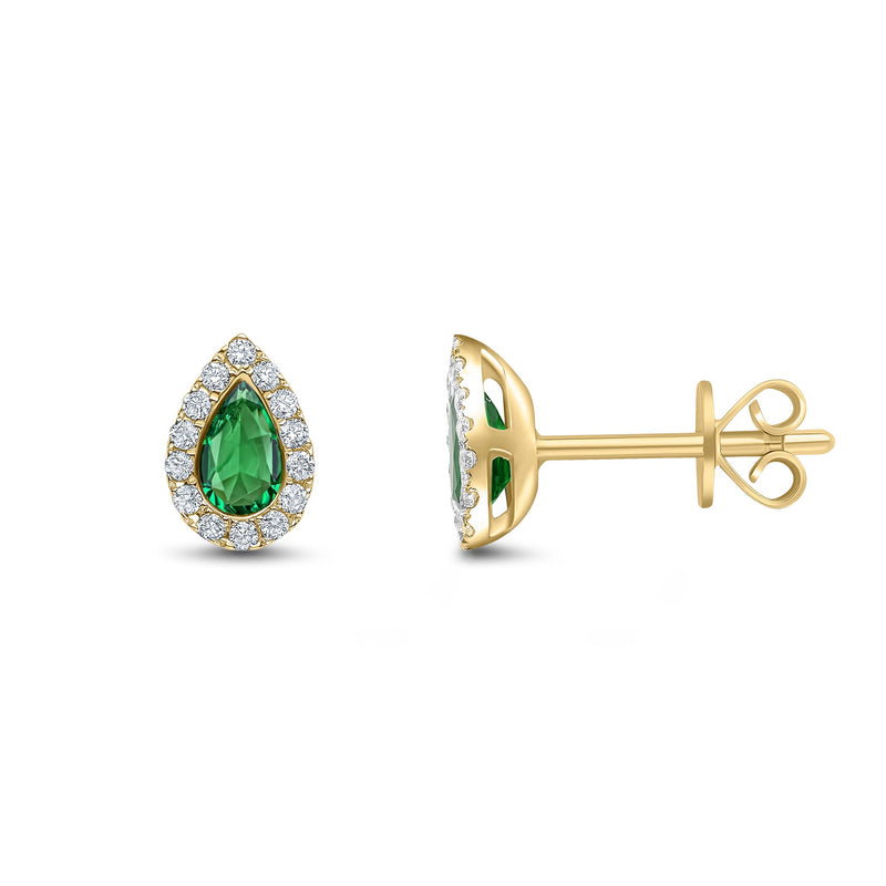 18ct Yellow Gold Pear Shaped Natural Emerald & Diamond Cluster Stud Earrings — 5x3mm