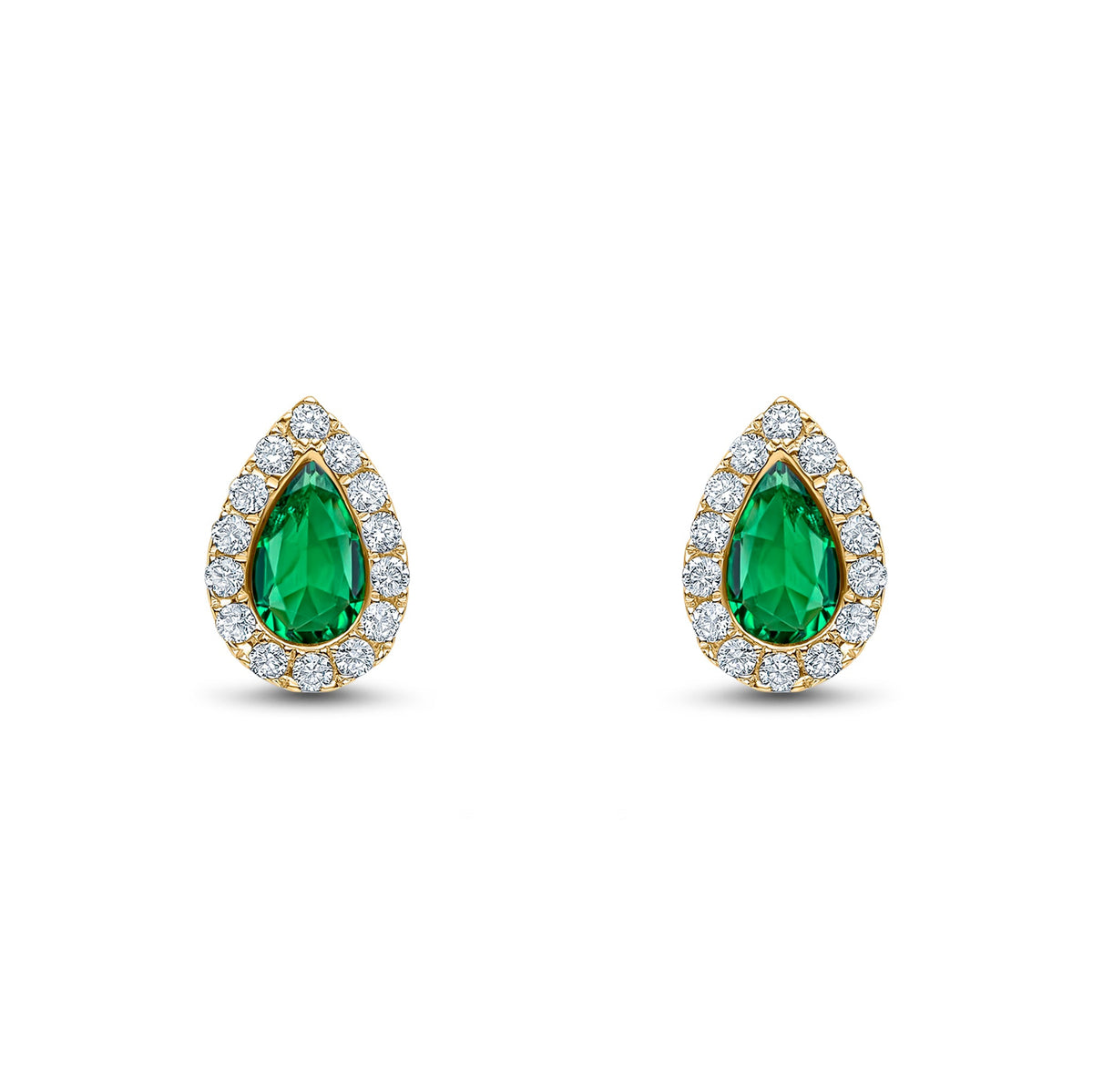 18ct Yellow Gold Pear Shaped Natural Emerald & Diamond Cluster Stud Earrings — 5x3mm