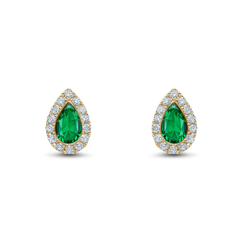 18ct Yellow Gold Pear Shaped Natural Emerald & Diamond Cluster Stud Earrings — 5x3mm