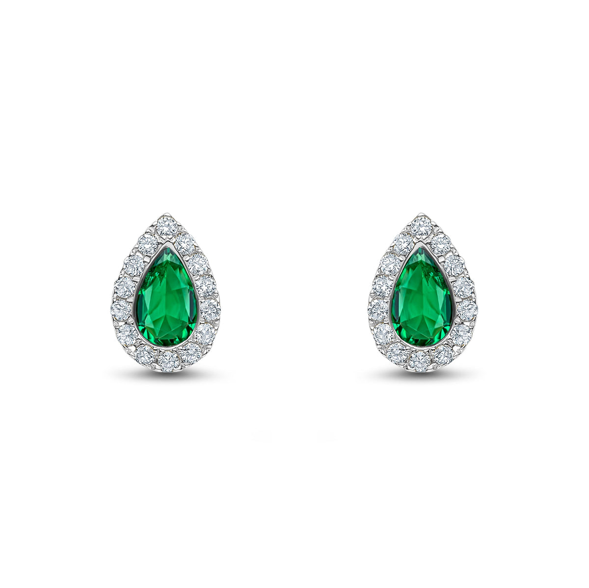 18ct White Gold Pear Shaped Natural Emerald & Diamond Cluster Stud Earrings — 5x3mm