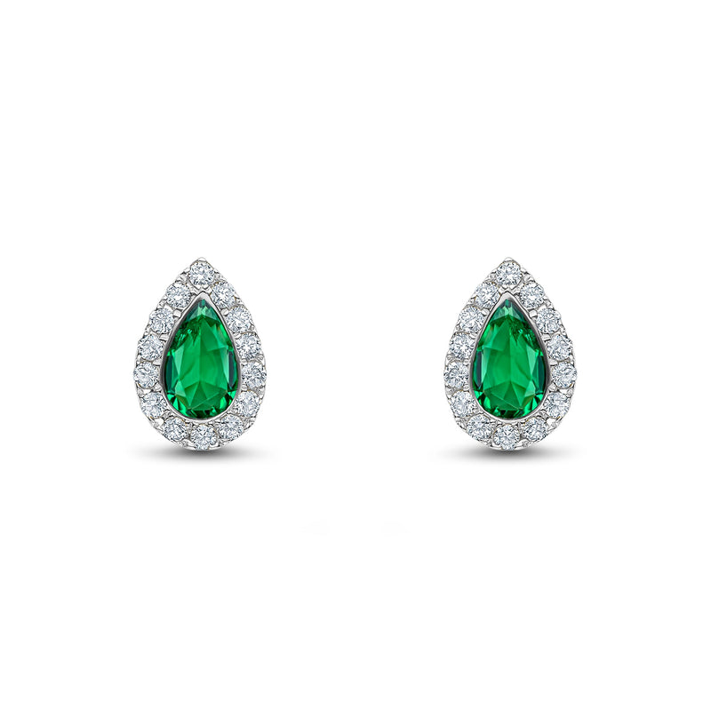 18ct White Gold Pear Shaped Natural Emerald & Diamond Cluster Stud Earrings — 5x3mm