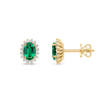 18ct Yellow Gold Oval Natural Emerald & Diamond Claw Set Cluster Stud Earrings — 6x4mm