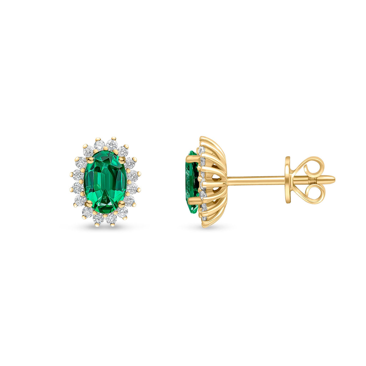 18ct Yellow Gold Oval Natural Emerald & Diamond Claw Set Cluster Stud Earrings — 6x4mm