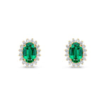 18ct Yellow Gold Oval Natural Emerald & Diamond Claw Set Cluster Stud Earrings — 6x4mm
