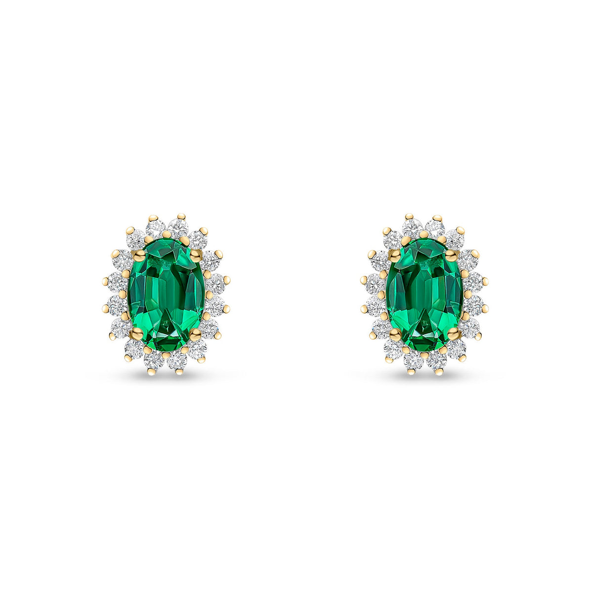 18ct Yellow Gold Oval Natural Emerald & Diamond Claw Set Cluster Stud Earrings — 6x4mm