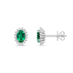 18ct White Gold Oval Natural Emerald & Diamond Claw Set Cluster Stud Earrings — 6x4mm