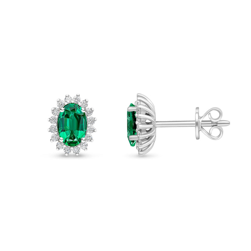 18ct White Gold Oval Natural Emerald & Diamond Claw Set Cluster Stud Earrings — 6x4mm