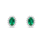 18ct White Gold Oval Natural Emerald & Diamond Claw Set Cluster Stud Earrings — 6x4mm