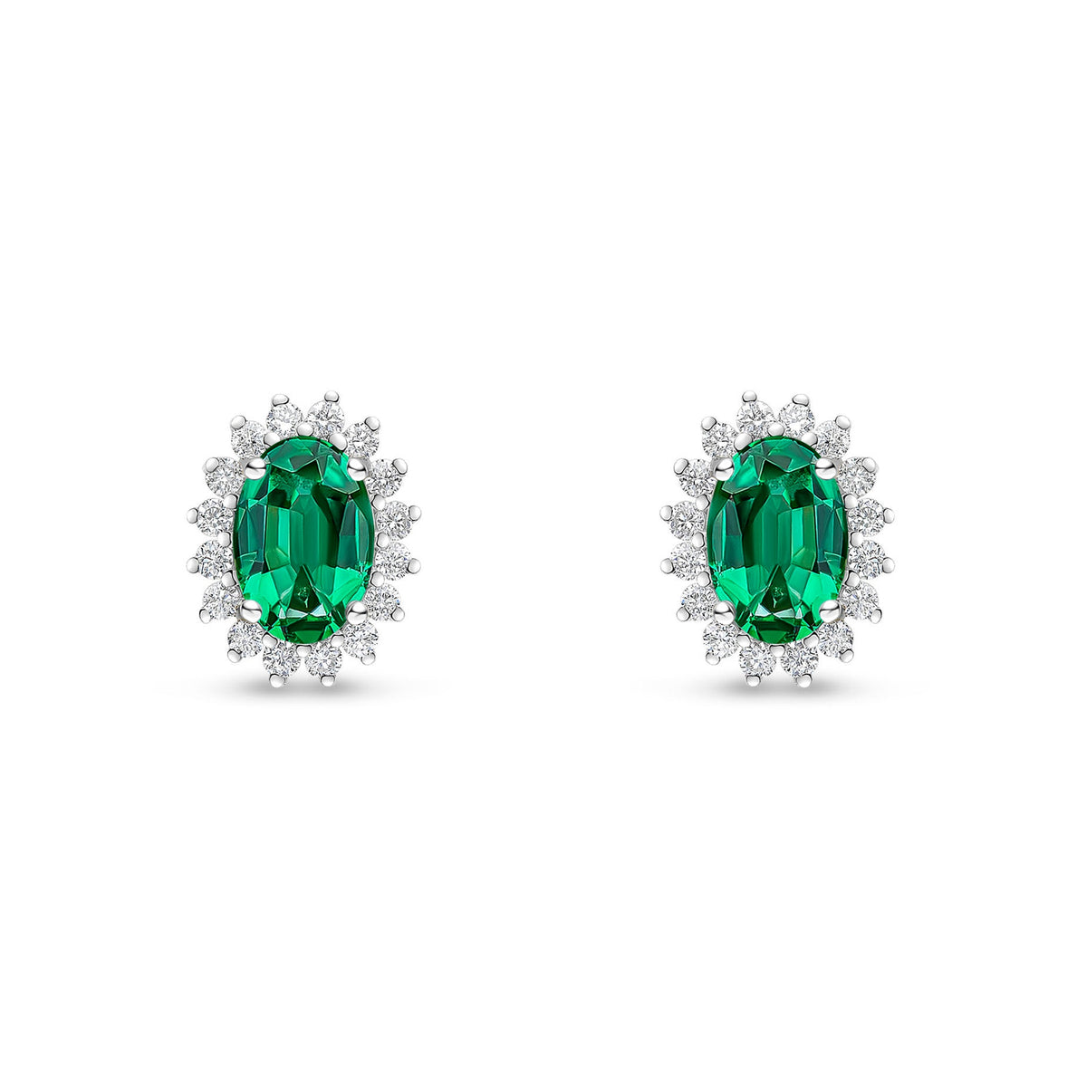 18ct White Gold Oval Natural Emerald & Diamond Claw Set Cluster Stud Earrings — 6x4mm
