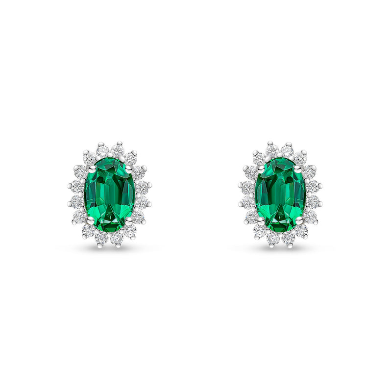 18ct White Gold Oval Natural Emerald & Diamond Claw Set Cluster Stud Earrings — 6x4mm
