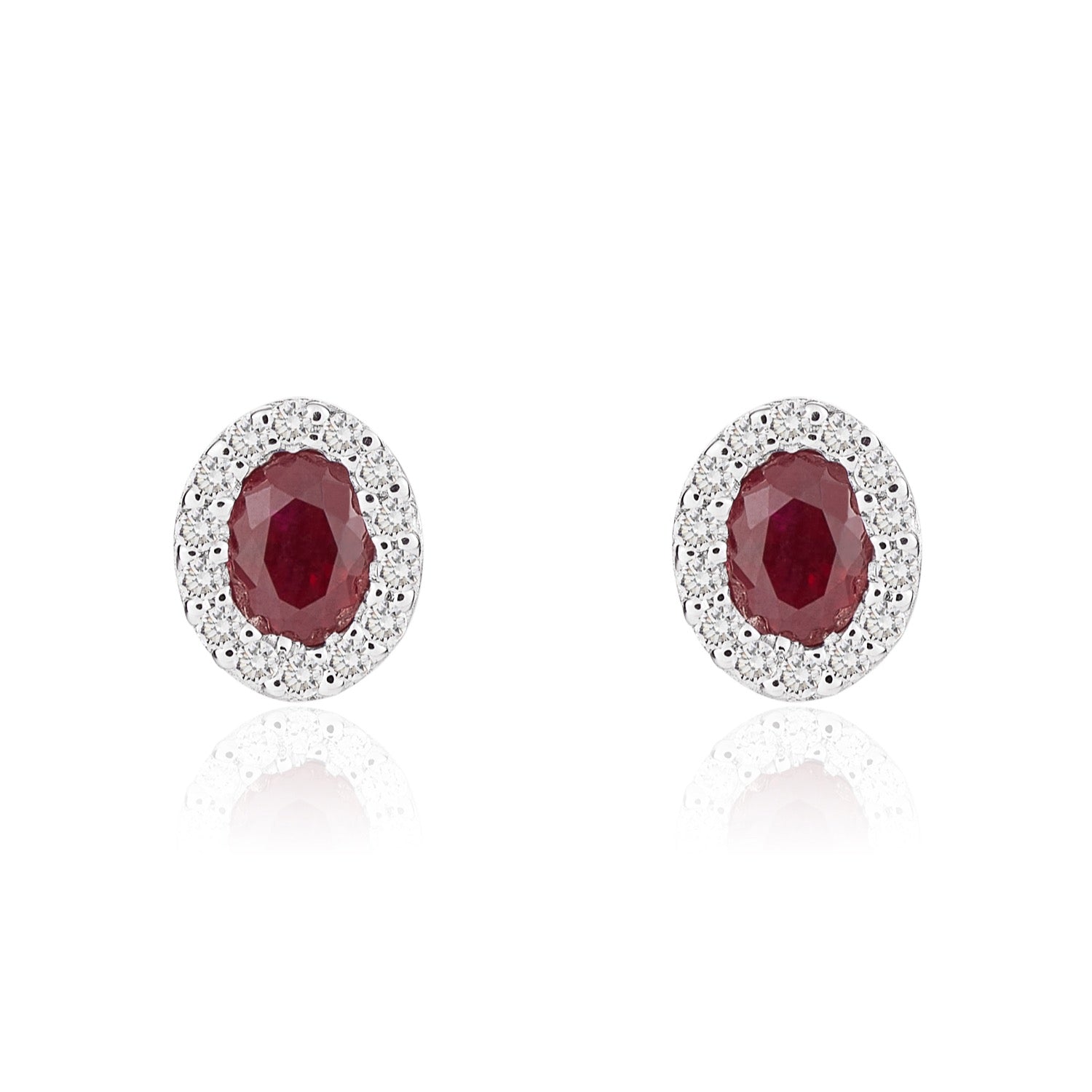 18ct White Gold Oval Natural Ruby and Diamond Cluster Earrings — 4x3mm