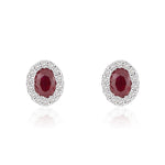 18ct White Gold Oval Natural Ruby & Diamond Microset Cluster Stud Earrings — 4x3mm