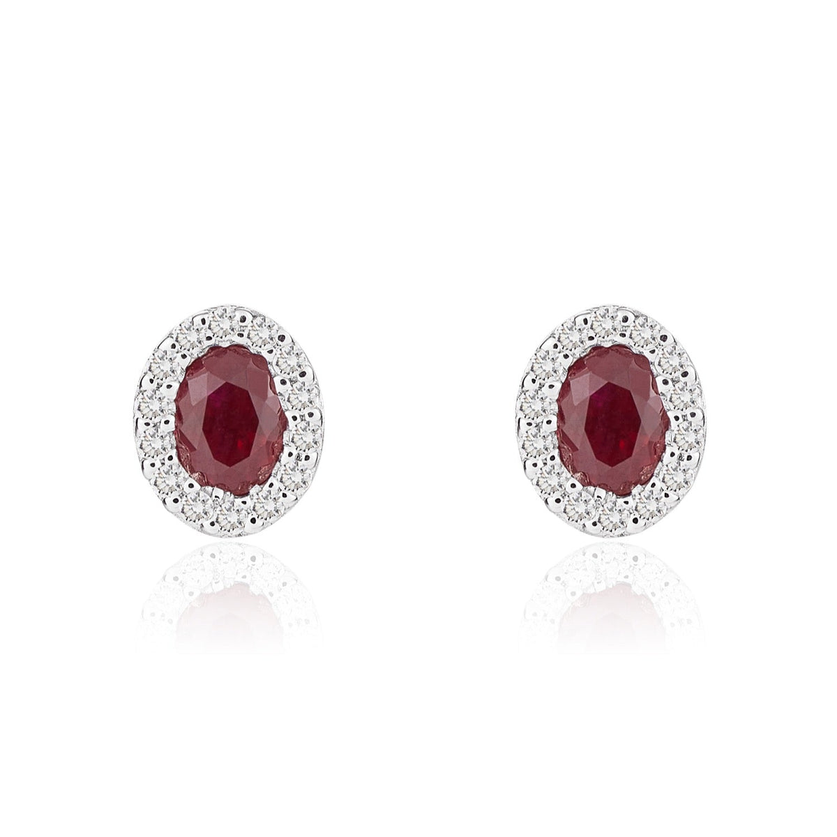 18ct White Gold Oval Natural Ruby & Diamond Microset Cluster Stud Earrings — 4x3mm