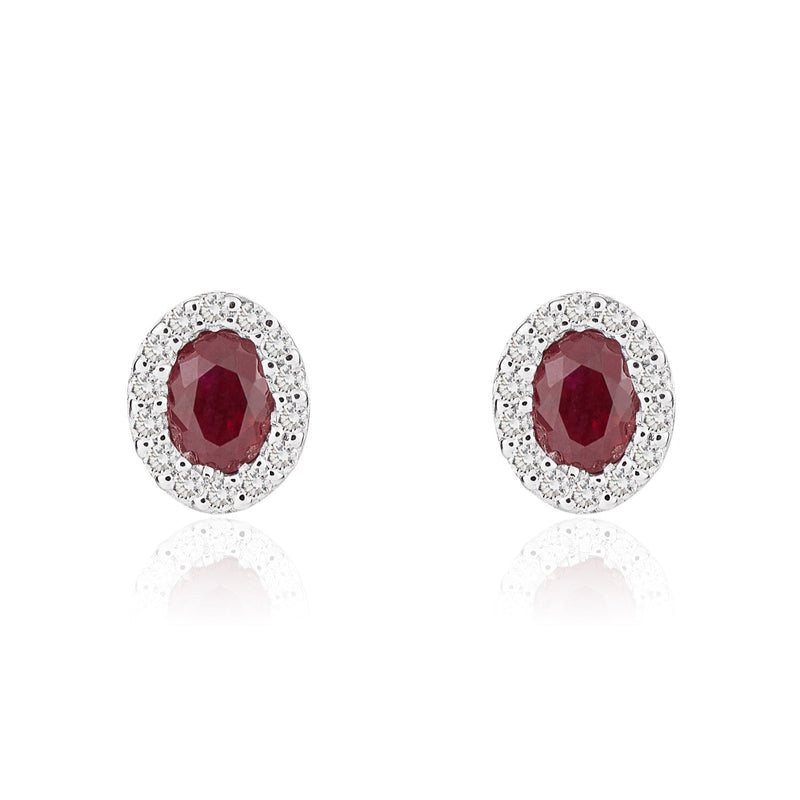 18ct White Gold Oval Natural Ruby & Diamond Microset Cluster Stud Earrings — 4x3mm