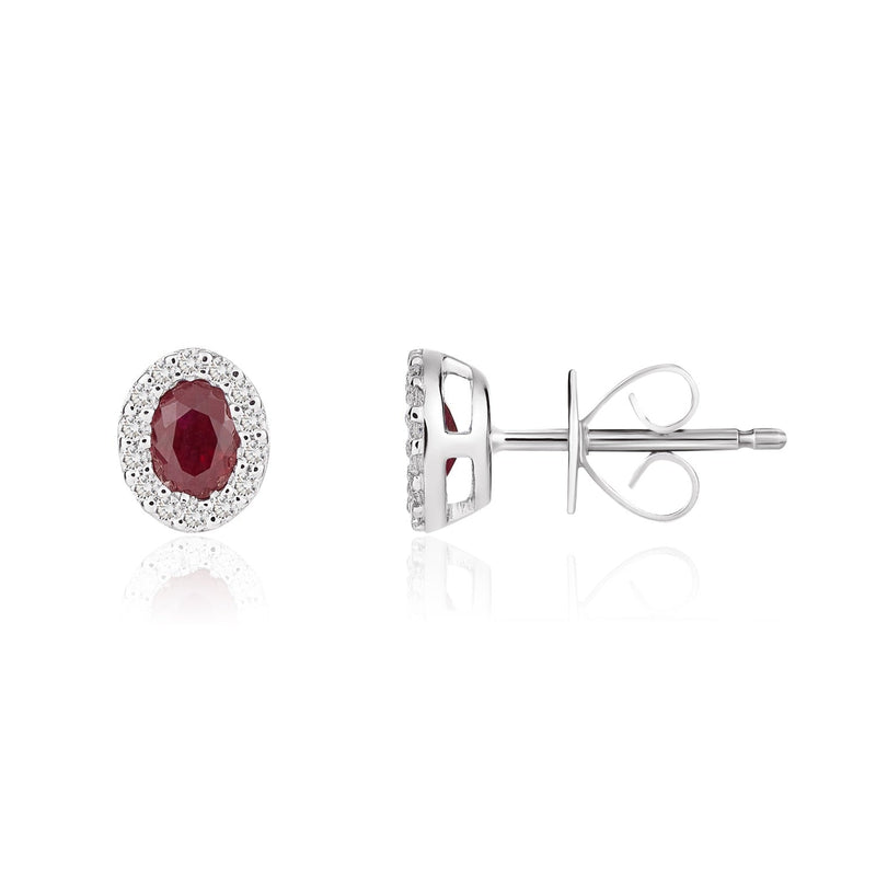 18ct White Gold Oval Natural Ruby & Diamond Microset Cluster Stud Earrings — 4x3mm