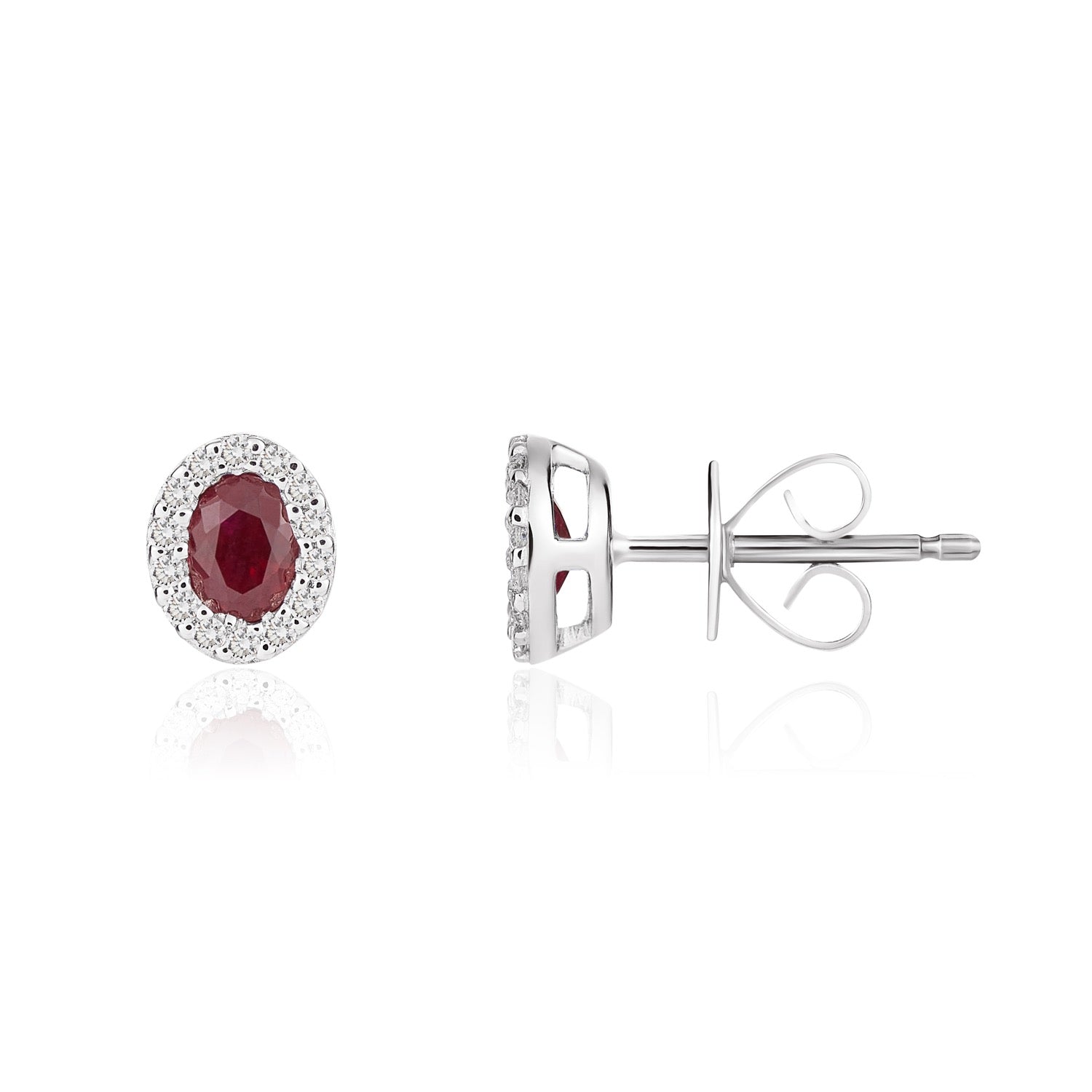 18ct White Gold Oval Natural Ruby and Diamond Cluster Earrings — 4x3mm