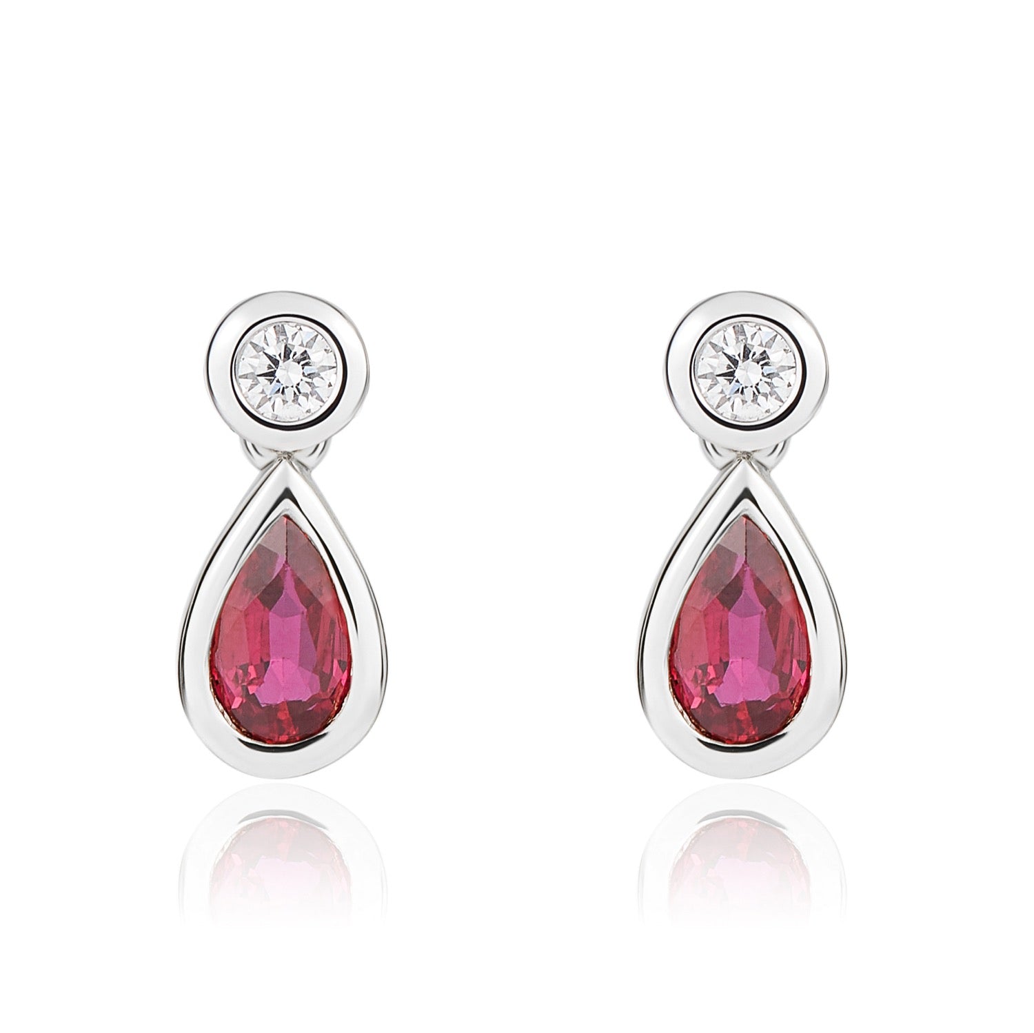 18ct White Gold Pear Shaped Natural Ruby and Round Diamond Two Stone Earrings — 5x3mm