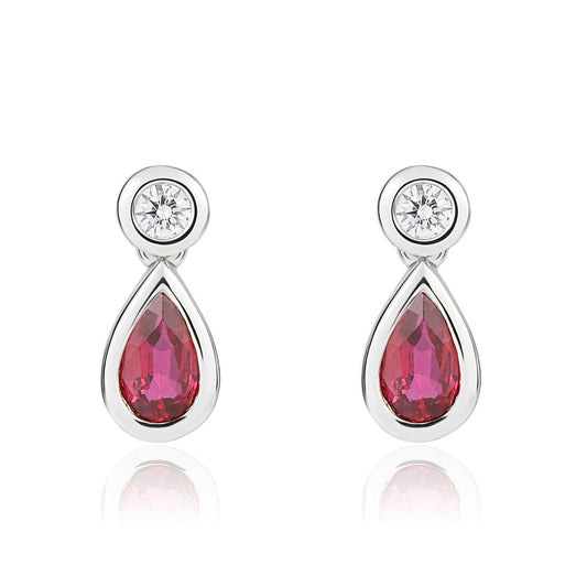 18ct White Gold Pear Shaped Natural Ruby and Round Diamond Two Stone Earrings — 5x3mm