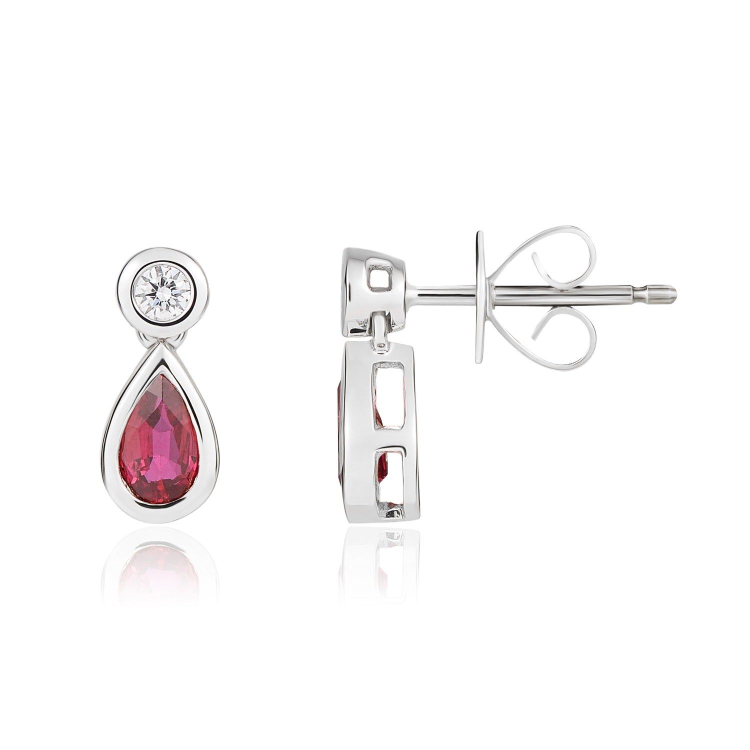 18ct White Gold Pear Shaped Natural Ruby and Round Diamond Two Stone Earrings — 5x3mm
