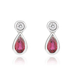 18ct White Gold Pear Shaped Natural Ruby & Diamond Two Stone Rubover Drop Earrings — 5x3mm