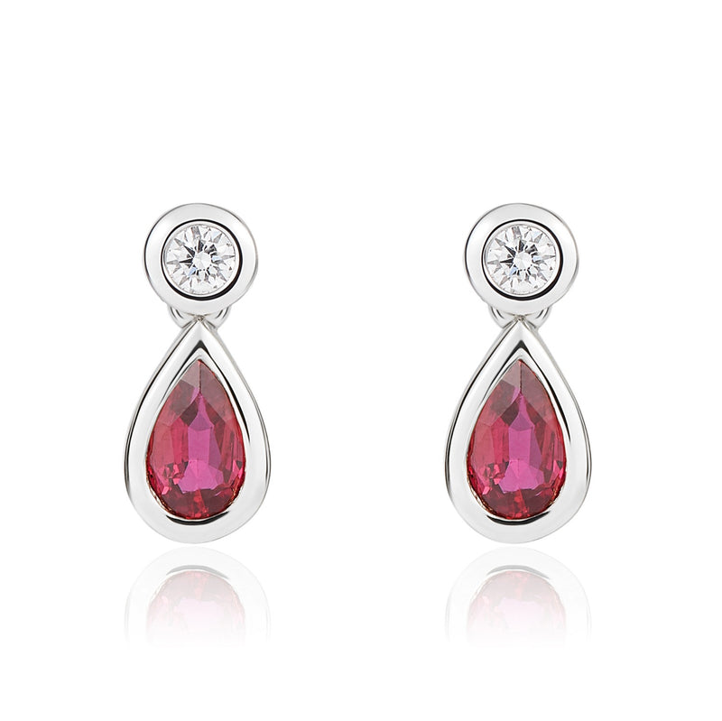 18ct White Gold Pear Shaped Natural Ruby & Diamond Two Stone Rubover Drop Earrings — 5x3mm