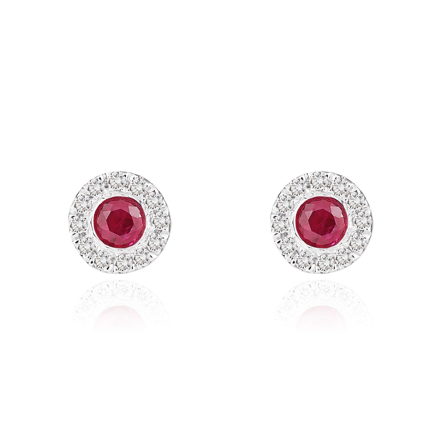 18ct White Gold Round Natural Ruby And Diamond Microset Cluster Earrings — 3mm