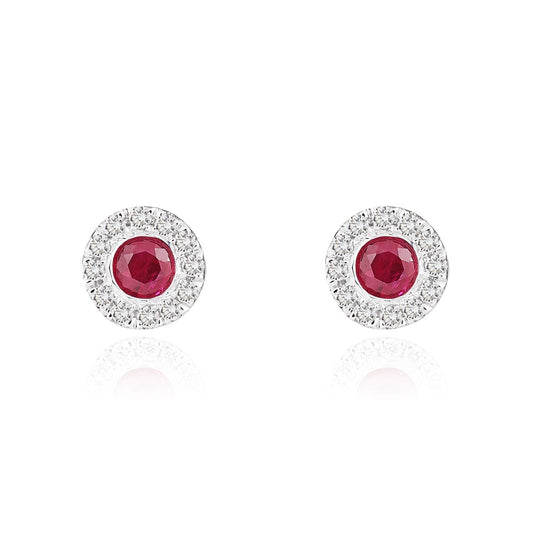 18ct White Gold Round Natural Ruby And Diamond Microset Cluster Earrings