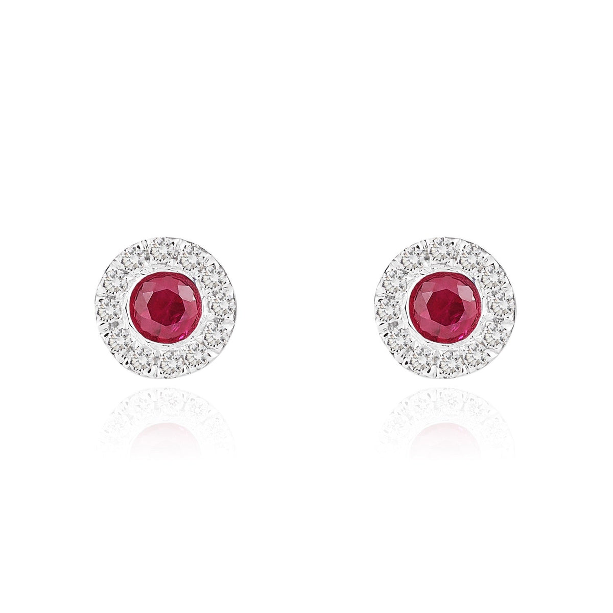 18ct White Gold Round Natural Ruby & Diamond Cluster Stud Earrings — 3mm