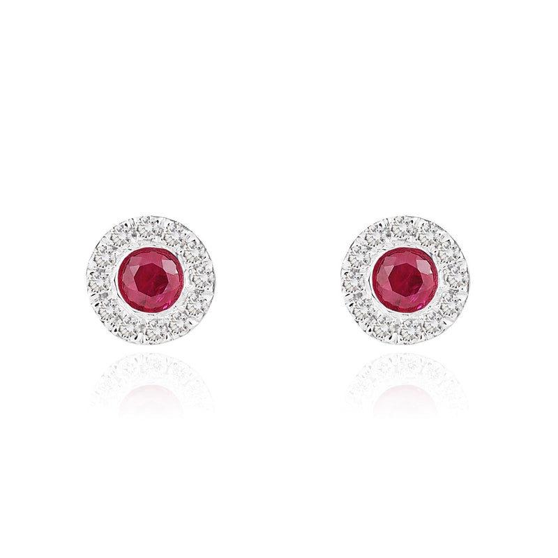 18ct White Gold Round Natural Ruby & Diamond Cluster Stud Earrings — 3mm