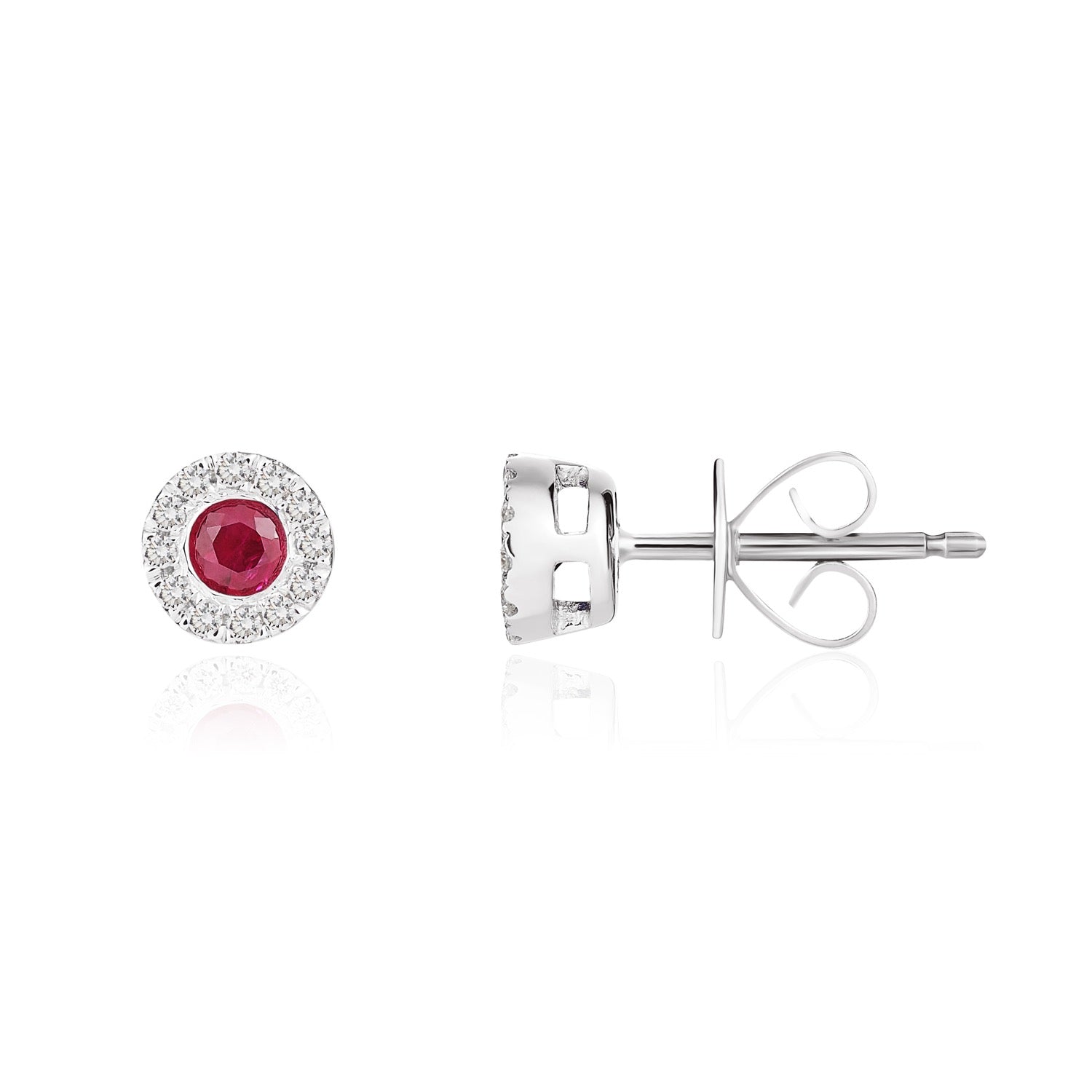 18ct White Gold Round Natural Ruby And Diamond Microset Cluster Earrings — 3mm
