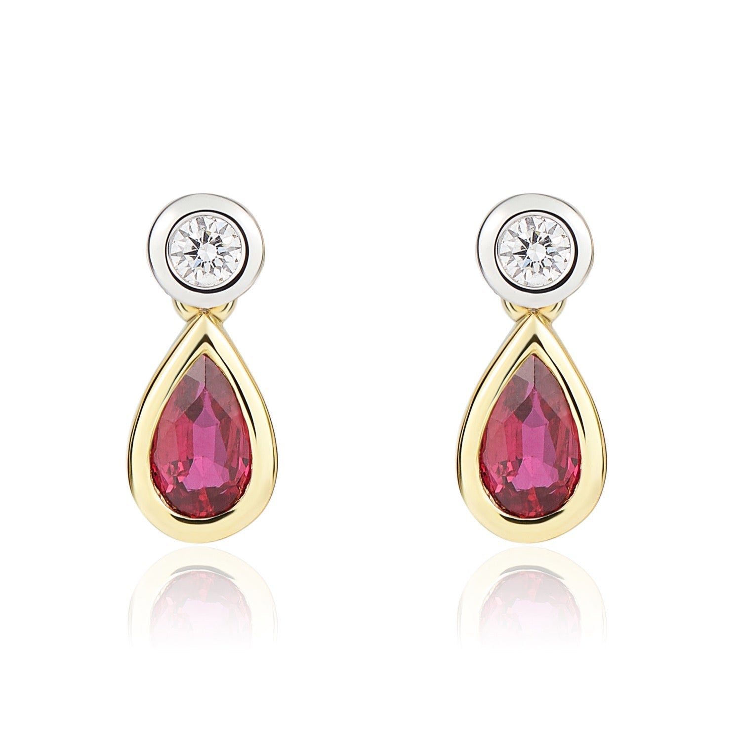 18ct Yellow And White Gold Pear Shaped Natural Ruby and Diamond Rubover 2 Stone Drop Earrings — 5x3mm
